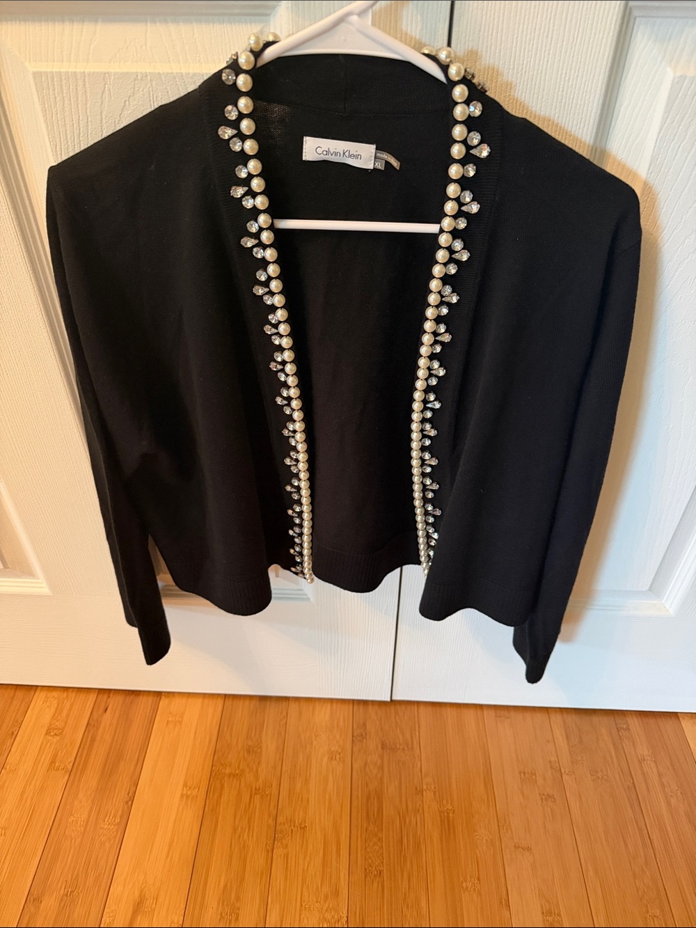 Calvin Klein Chic Black Open Front Cardigan with Pearl & Crystal Trim